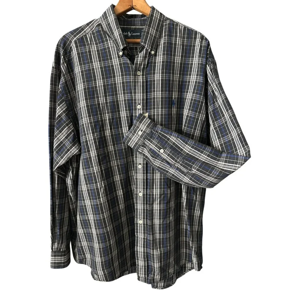 Ralph Lauren Plaid Button-Down Shirt Blaire Black Blue Cotton Long Sleeve Large